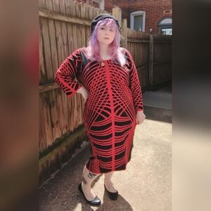 Ashley Stewart Black & Red Criss Cross Striped Ribbed Knit 3/4 Sleeve Dress